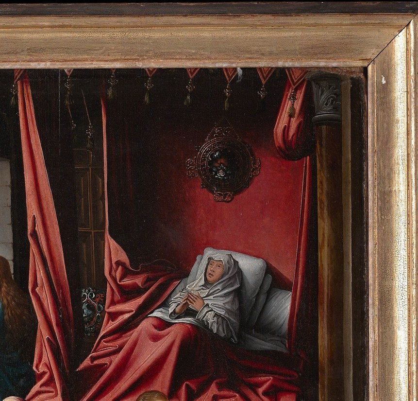 A virtuoso passage of saturated vermilion drapery , Van Orley deploys it as both luxury signal for the Benedictine patron and compositional counterweight to the white-robed foreground figure.