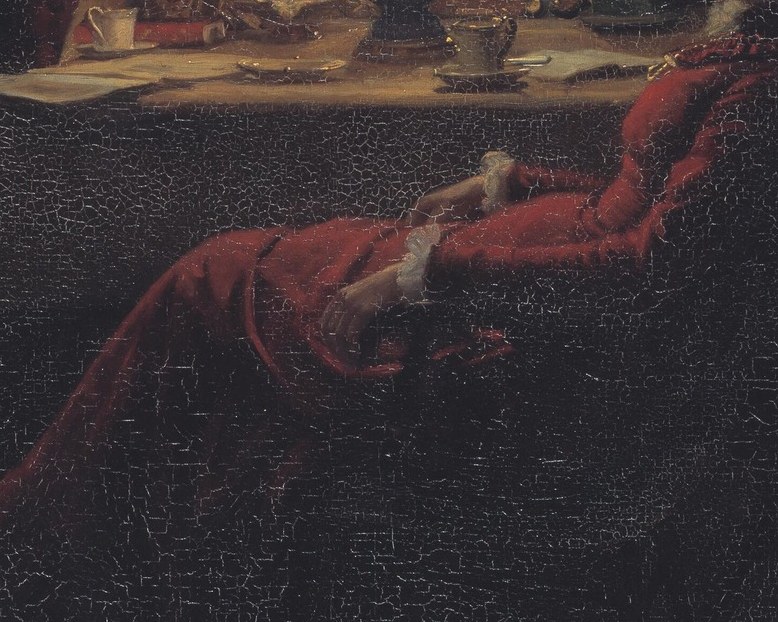 The rich texture and deep color of the fabric create a sense of warmth and presence.