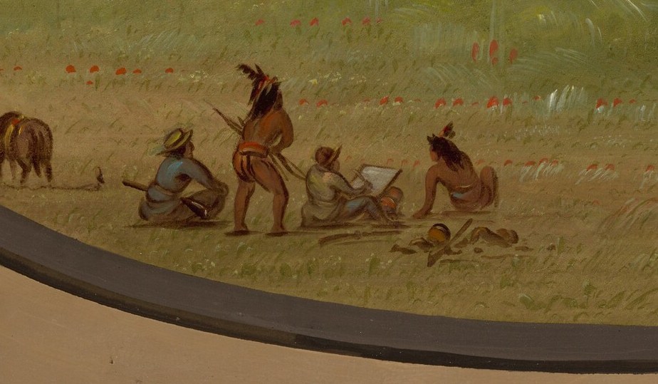 These figures, possibly Native Americans, provide context about the human presence and activity in this environment.