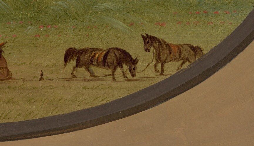 The horses suggest travel and a connection to the frontier, adding a narrative element of movement or rest.
