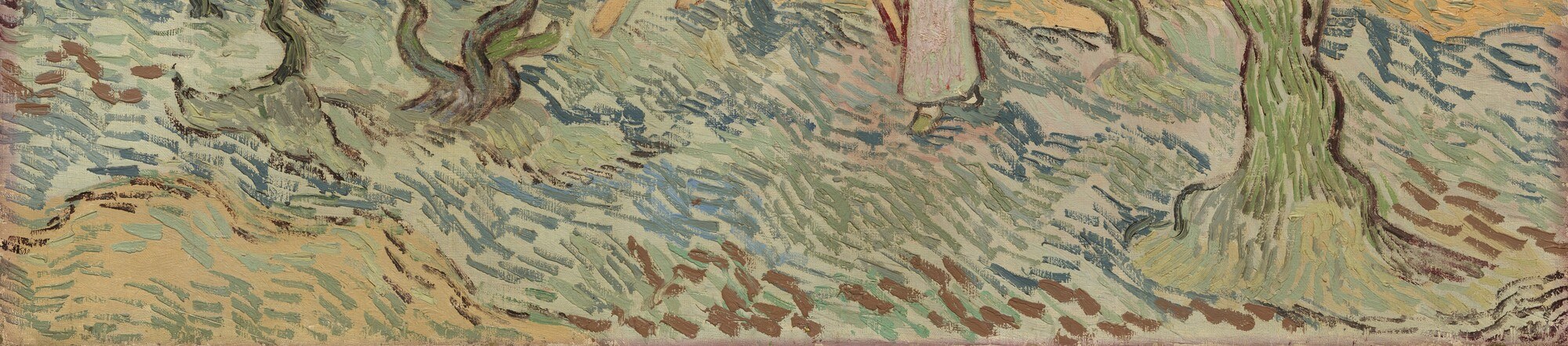 Horizontal brushstrokes in muted ochre, khaki, and sage build the earth almost like a woven surface , a close-up here reveals the palette knife-like layering Van Gogh used for the soil.