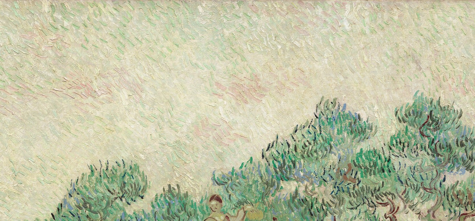 The prime showcase of Van Gogh's loaded-brush impasto rhythm; short directional strokes in blue-green and silver-grey create an almost animate trembling across the treetops.