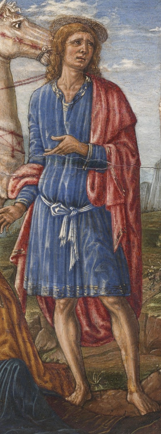 His sorrowful gaze and gesture suggest empathy and grief, drawing the viewer into the scene.
