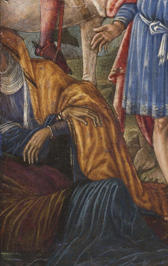 The mourning woman in yellow embodies the universal grief of loss.