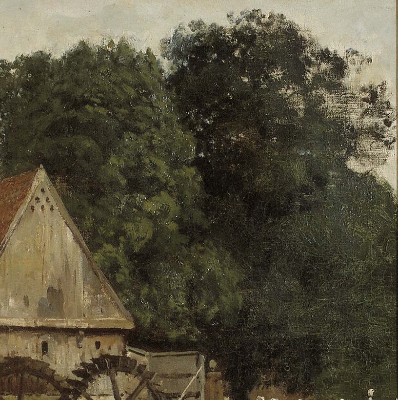 Look at the dark trees behind the watermill.
