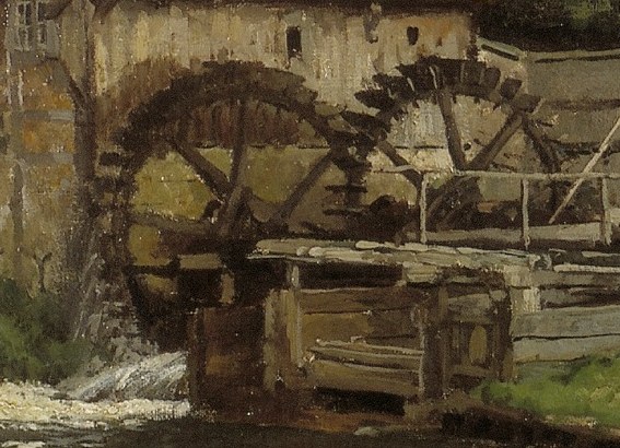 See how the light hits the water wheel and flowing water.
