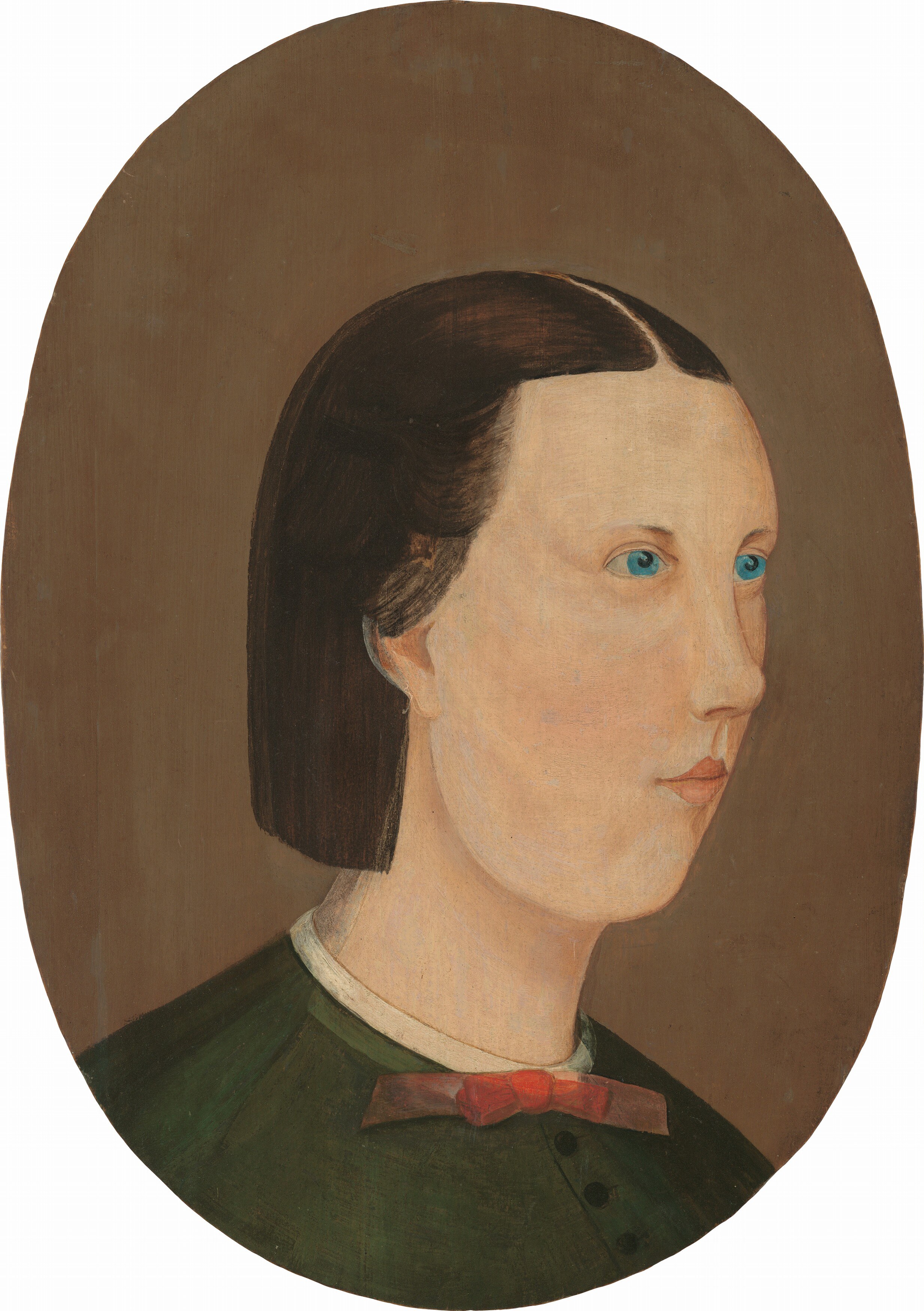 The simple, dark background isolates the figure, pushing her forward and intensifying the focus on her expression.
