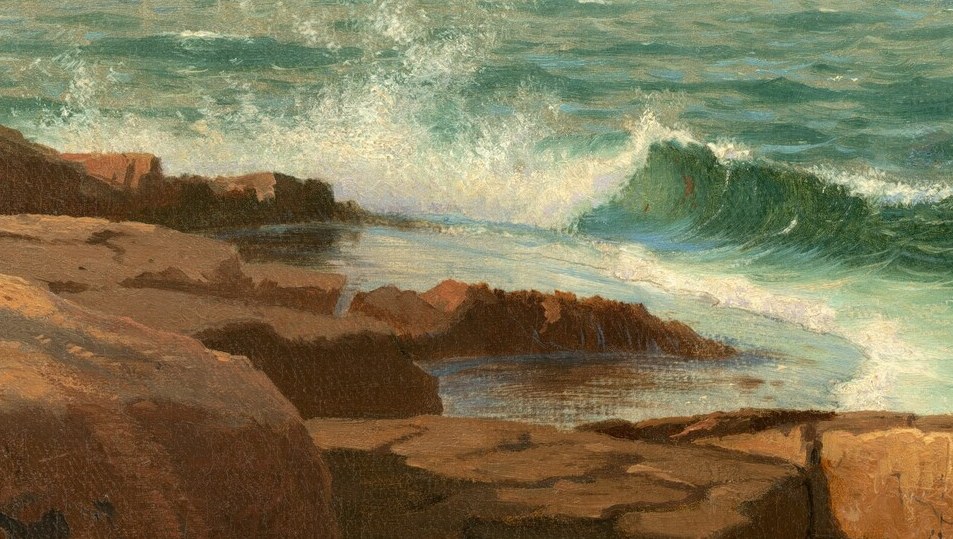 The dynamic spray and foam of the breaking wave capture the raw power and movement of the sea.