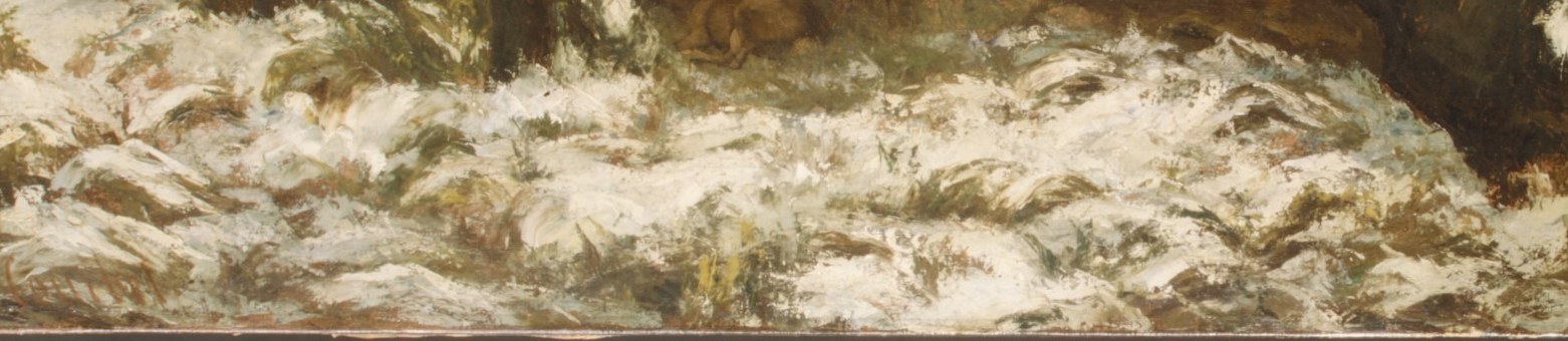 The unbroken snow records no human footprint , Courbet asserts this is a scene observed, not staged, in a place undisturbed before the painter arrived