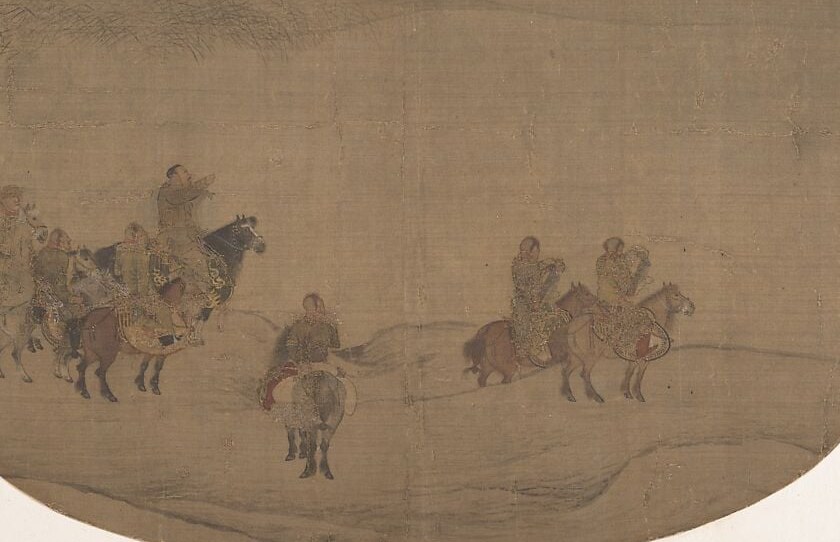 Five riders hunt with falcons across the silk.