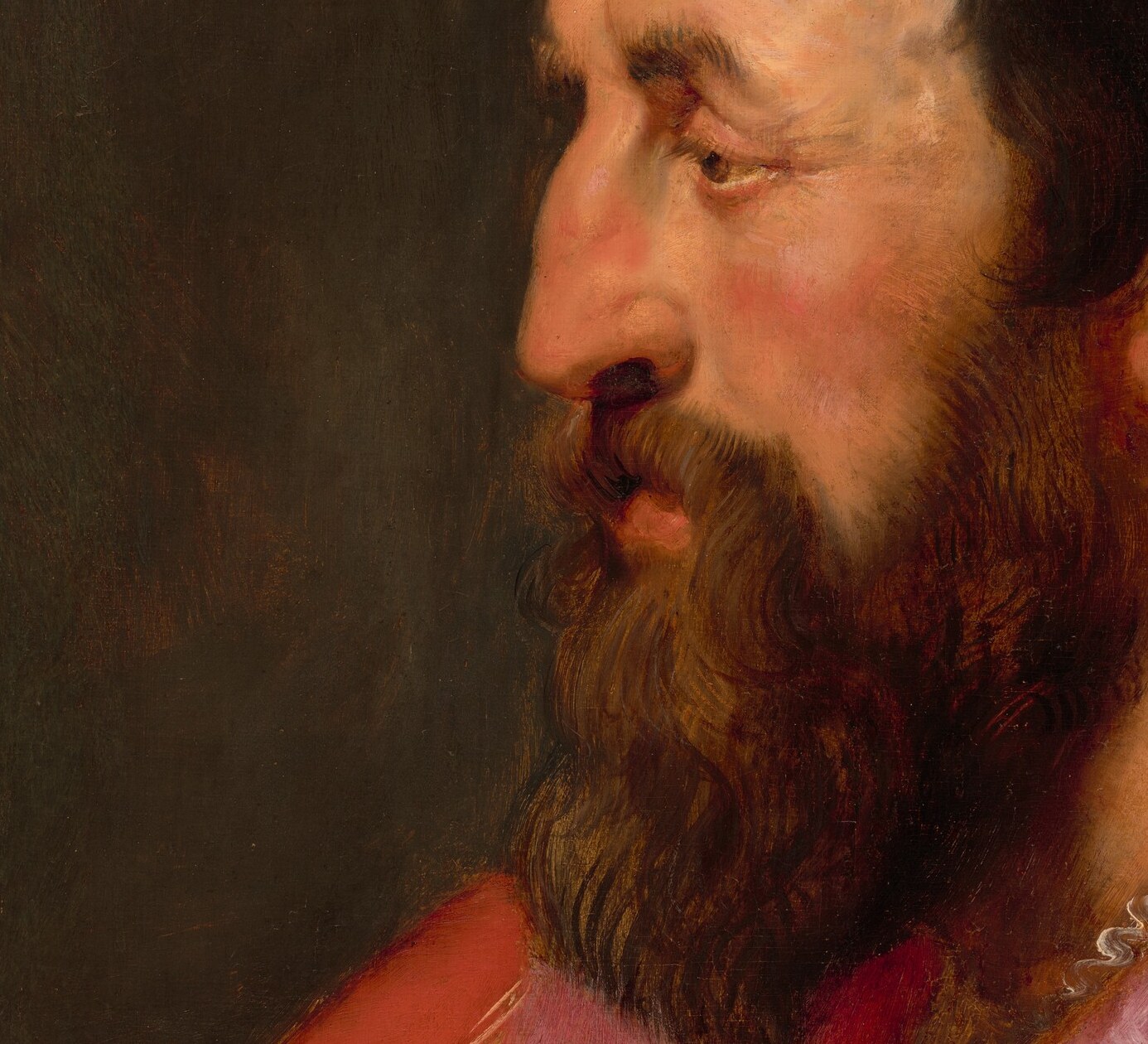 Dense, oil-rich brushwork separates individual locks; the beard signals age and wisdom and anchors the warm earth tones that unify the composition.