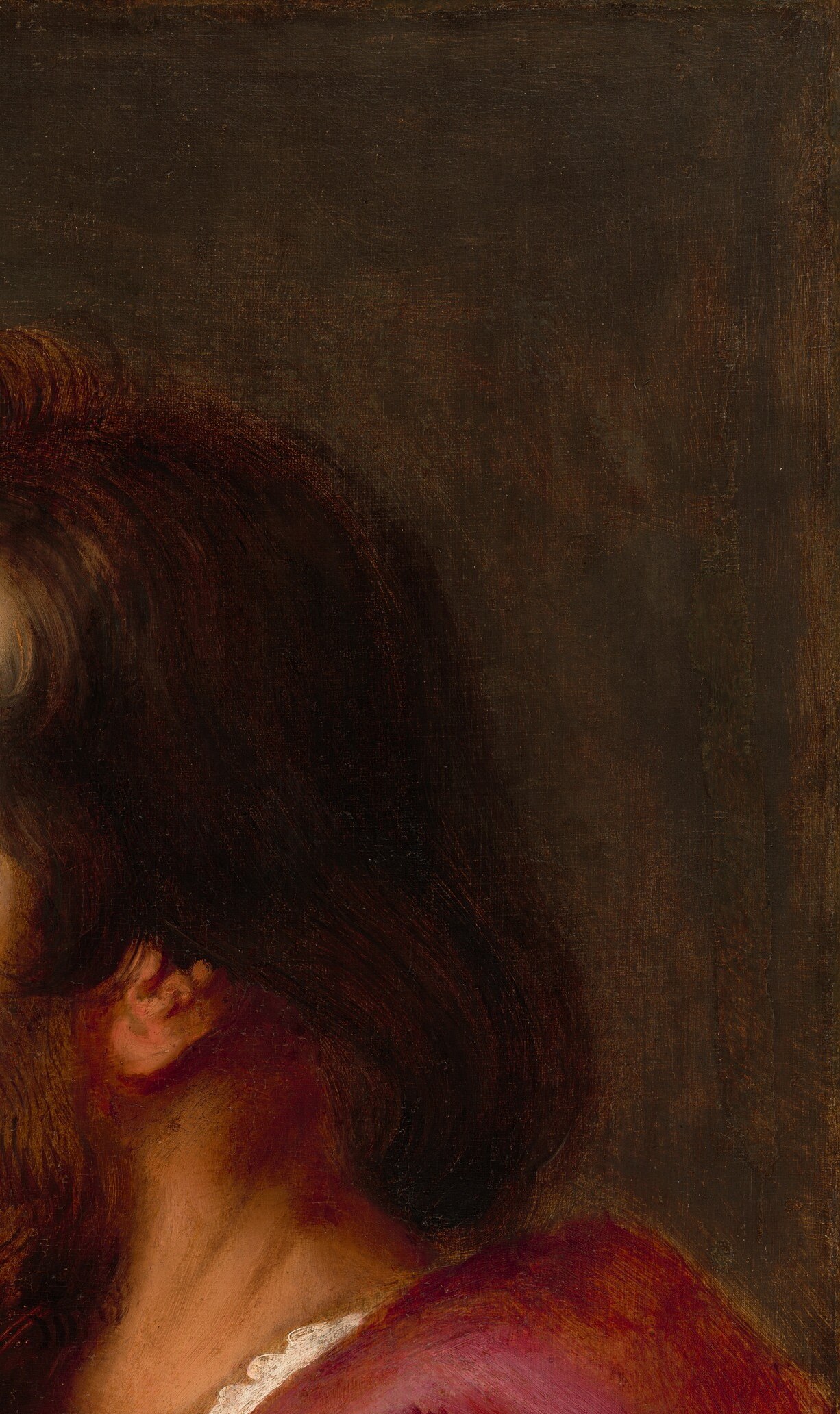 A Caravaggesque void that throws the face into relief; Rubens leaves it deliberately empty, which is itself a compositional choice worth narrating.