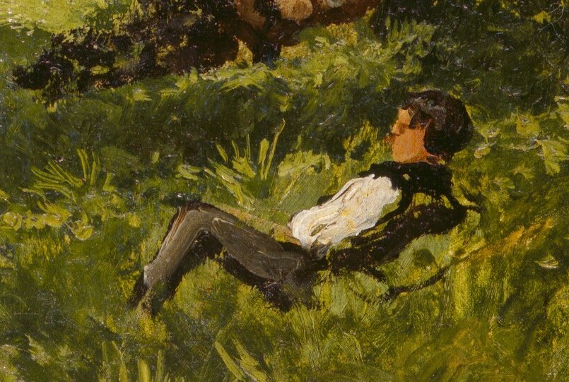 His relaxed posture and gaze suggest leisure and a moment of respite from the racing activity.