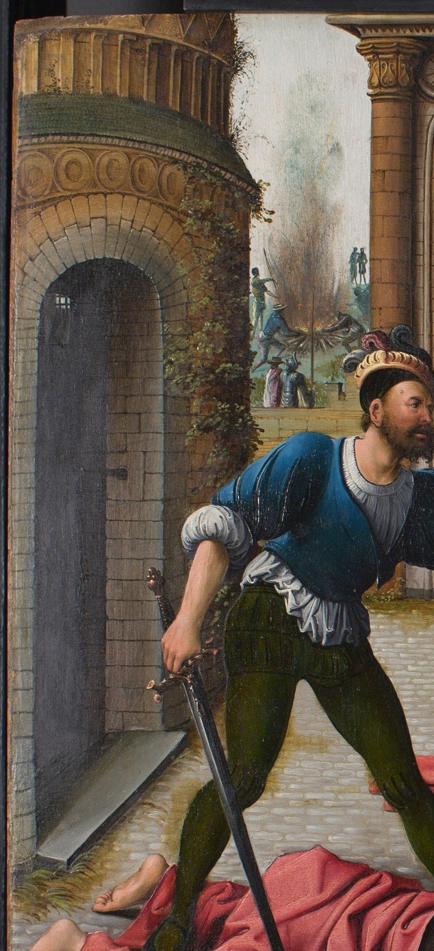 The agent of martyrdom, his downward gaze and sword-at-rest posture capture the moment just after the act , neither triumphant nor remorseful, his expression is the moral void at the scene's center.