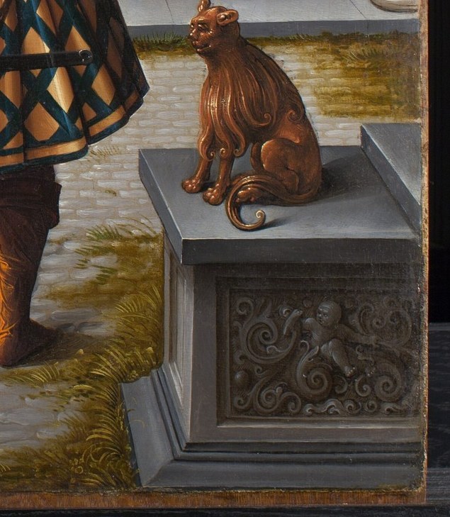 Unnaturally serene amid an execution, the lion functions heraldically (Herod's authority, or the Lion of Judah) and psychologically , its stillness is eerie counterpoint that rewards the viewer who finds it.