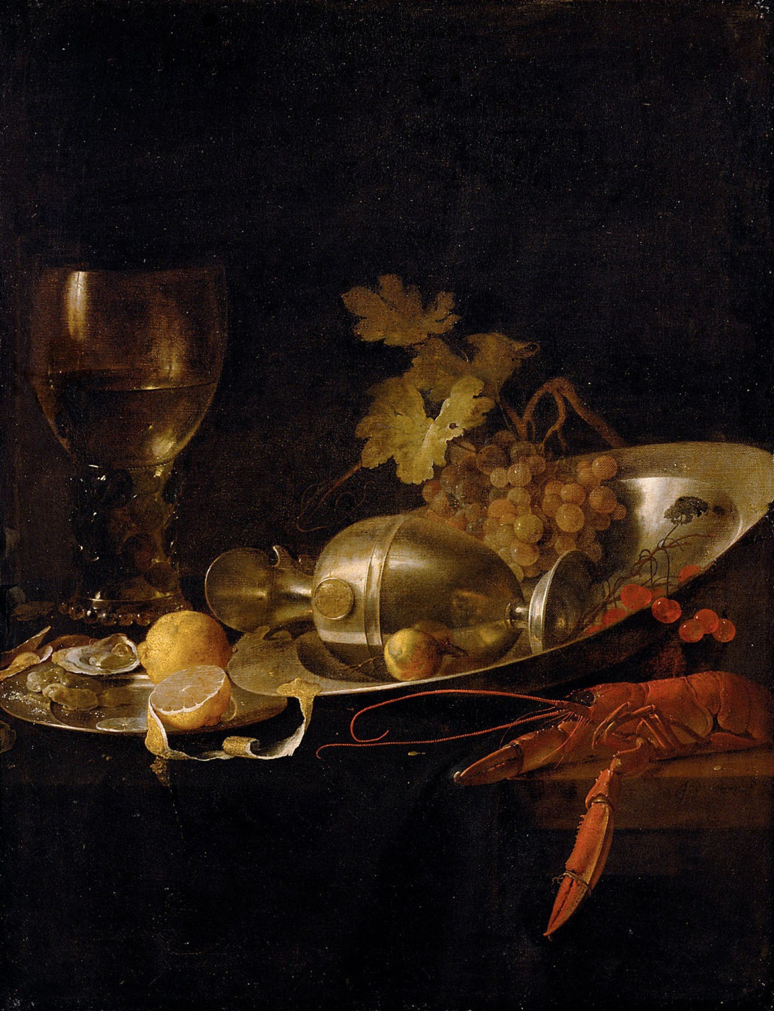 The deep, almost black background makes the illuminated objects pop, emphasizing their materiality and the artist's skill in rendering light.