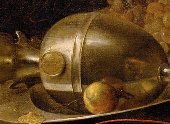 The spilled wine and tipped ewer add drama to the scene.