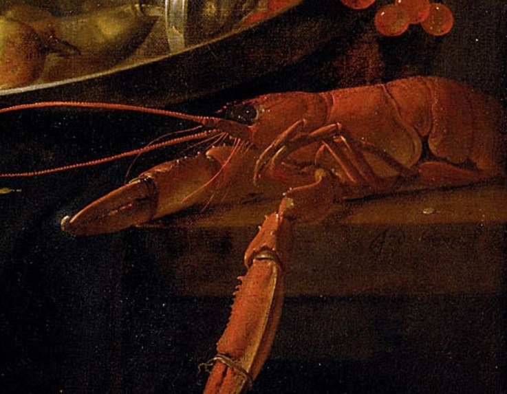His precise brushwork captures every texture, even the lobster's shell.