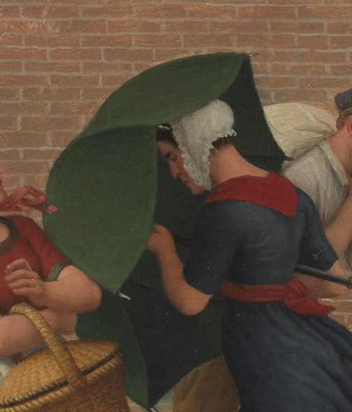 The umbrella dominates the composition as both shelter and wedge, creating a private space within public hardship while splitting the group.