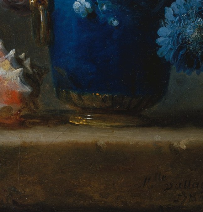 The cobalt-blue glaze contrasts sharply with warm floral tones; its smooth cylindrical form anchors the entire composition and demonstrates Vallayer-Coster's skill at rendering ceramic surfaces