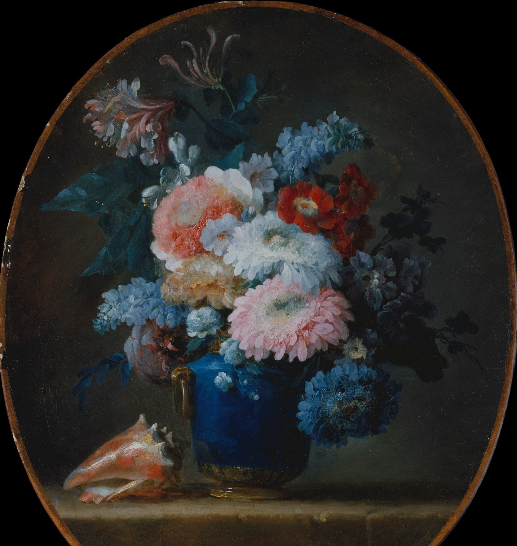 The near-black void forces all color and light onto the objects; a detail sweep here might reveal soft tonal gradations or glazing layers that are lost in reproduction , a hidden painting within the darkness