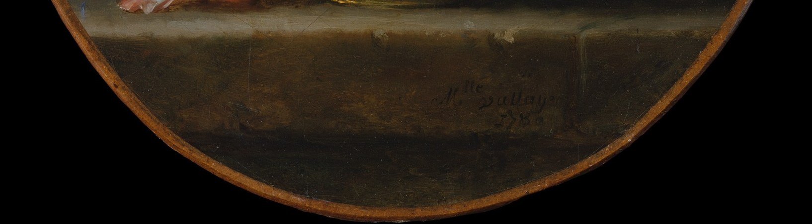 The horizontal plane grounds the composition and its warm ochre tones balance the cool blue vase; subtle reflections or cast shadows on this surface are a hallmark of French still-life illusionism