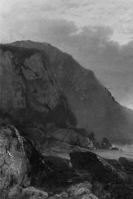 The massive silhouette is the compositional anchor; its darkness makes the luminous sea and sky feel radiant by contrast , a deliberate tonal trap.