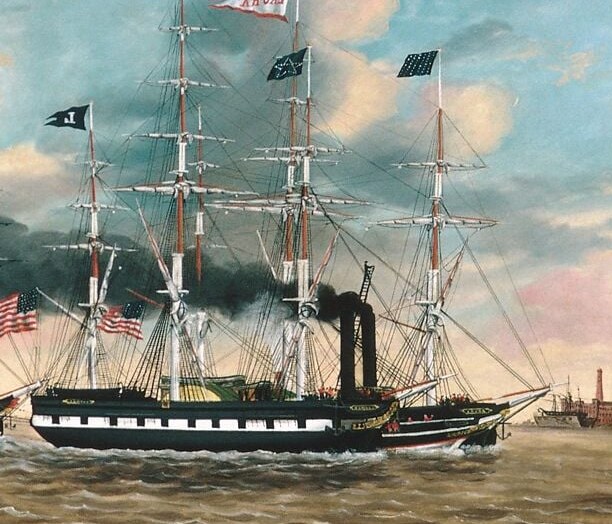 The painting's central subject , a working steam tug rendered with documentary precision, including its tall funnel belching black smoke, marking industrial modernity against the sailing ships.