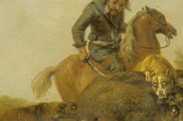 Captures the dynamic tension of the hunt, the rider's determined posture.