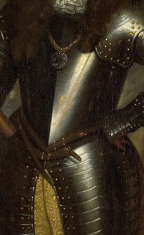 He wears armor, signifying his military leadership.