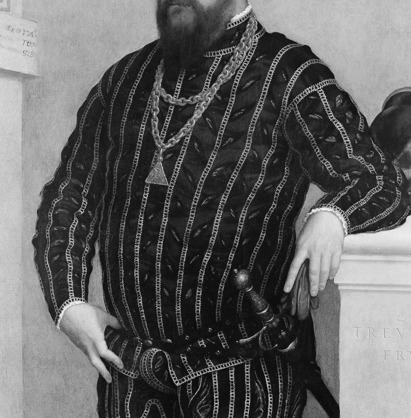 The virtuoso passage , Moroni renders the light catching each raised velvet stripe differently, demonstrating his technical mastery of textile texture
