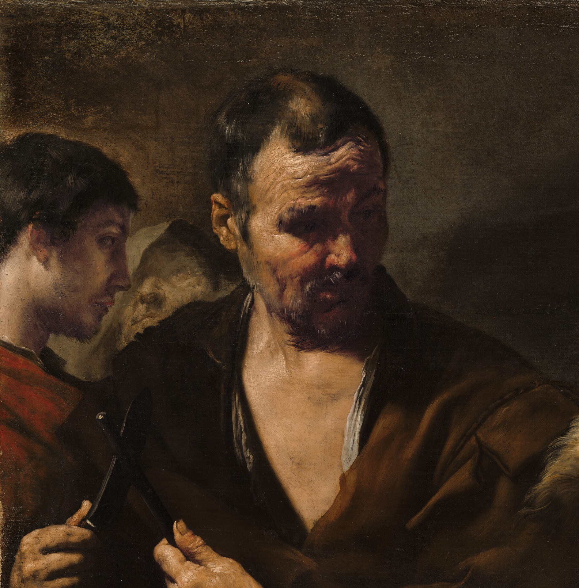 Ribera's Caravaggesque nothingness , no setting, no ground, just darkness pressing against flesh; the technique forces every emotional weight onto the bodies themselves.