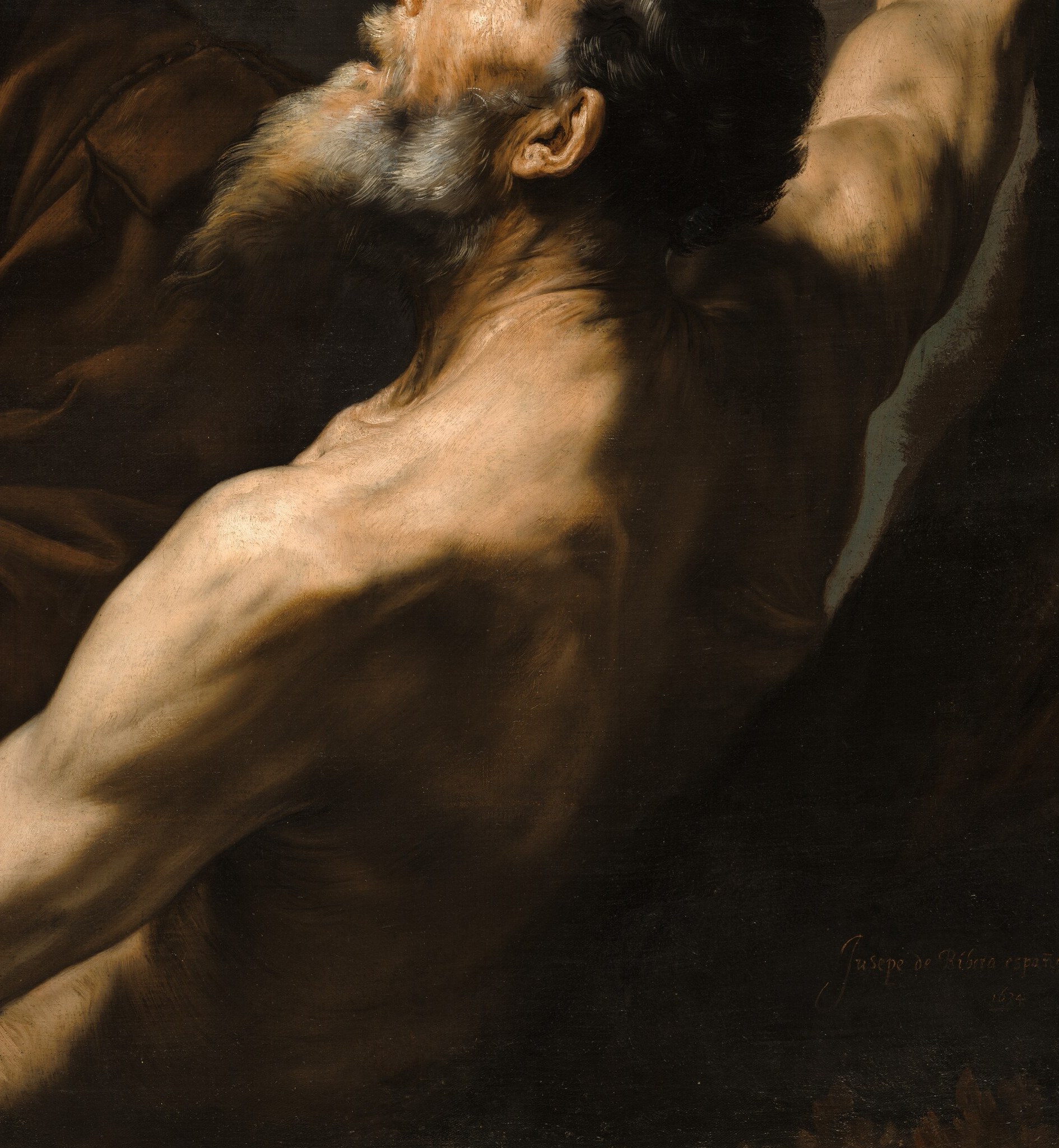 Ribera's light is pitiless. Every muscle, every cord of rope.