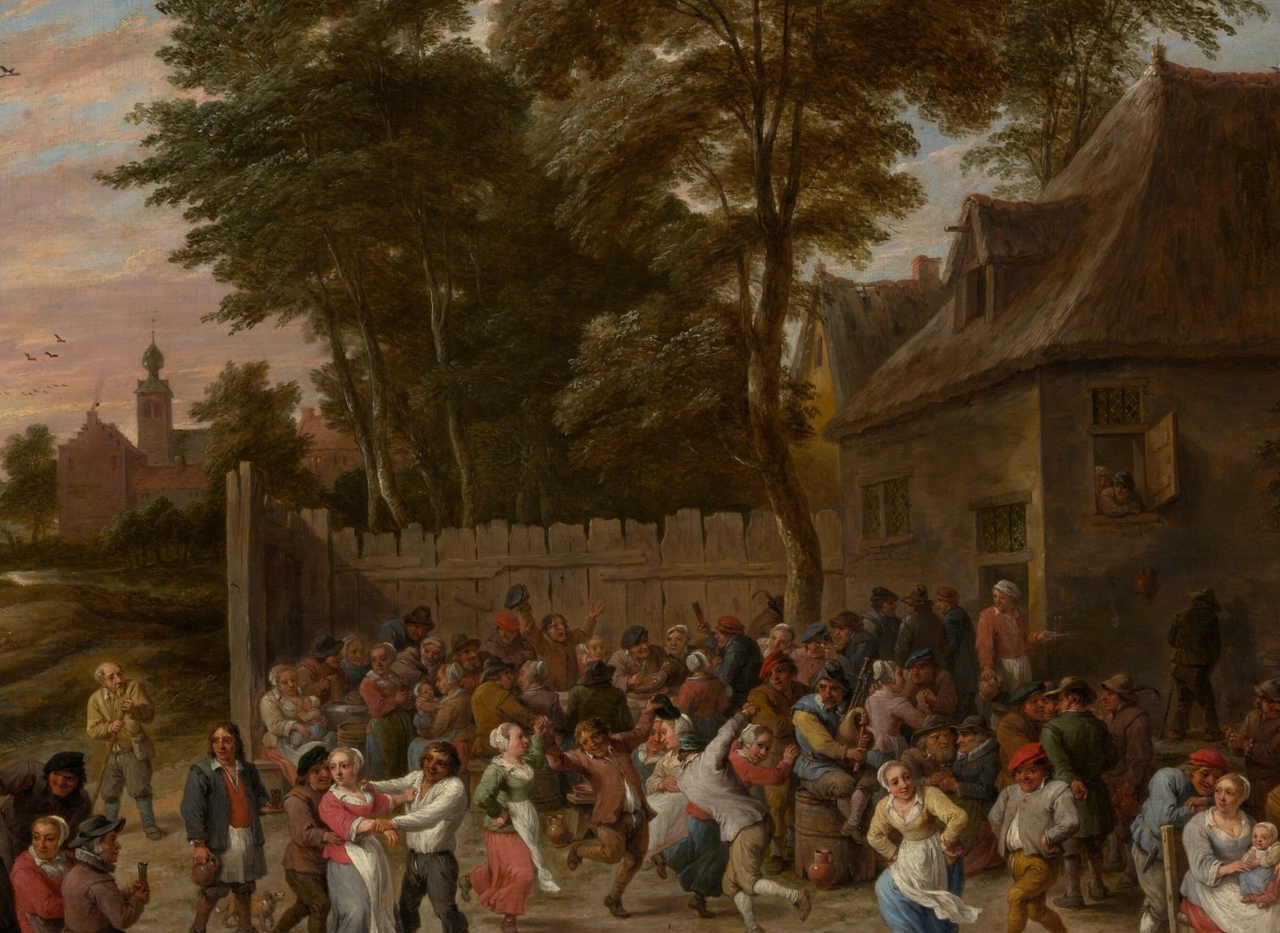 Teniers packs dozens of individuated figures here , leaning in reveals distinct gestures, expressions, and costumes across social strata all mixing freely.