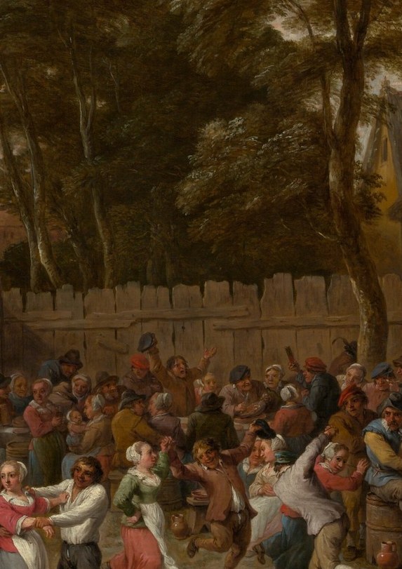 The compositional anchor , a man and woman mid-dance, arms extended, embody the painting's celebratory energy and invite the viewer's eye into the crowd.