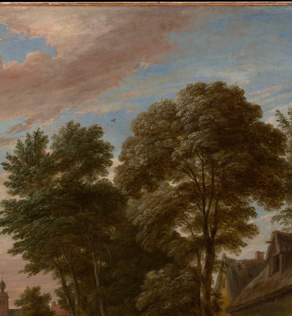 A Flemish genre convention used as a natural vault; the sprawling canopy unifies the scene and creates dappled light that filters down on the crowd below.
