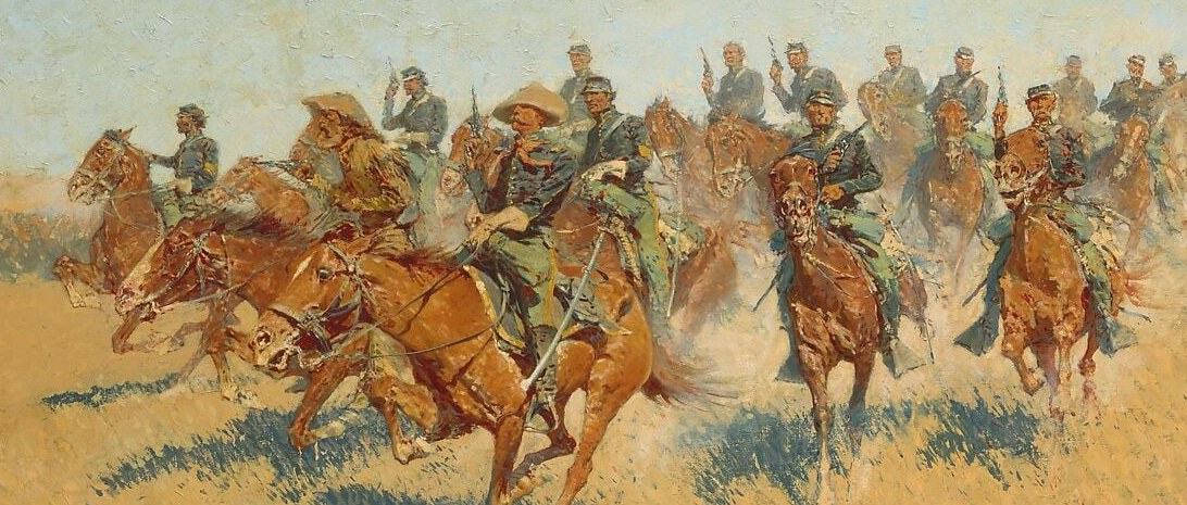 Remington stacks dozens of horses and riders into a single surging silhouette; the overlapping bodies convey overwhelming collective momentum more than individual valor.