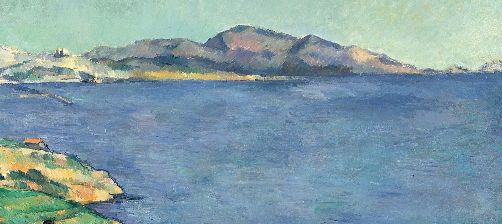 Cézanne's water is rendered in flat, directional brushstrokes that shift from deep teal to pale aquamarine , a showcase of how he used color temperature rather than linear perspective to suggest recession