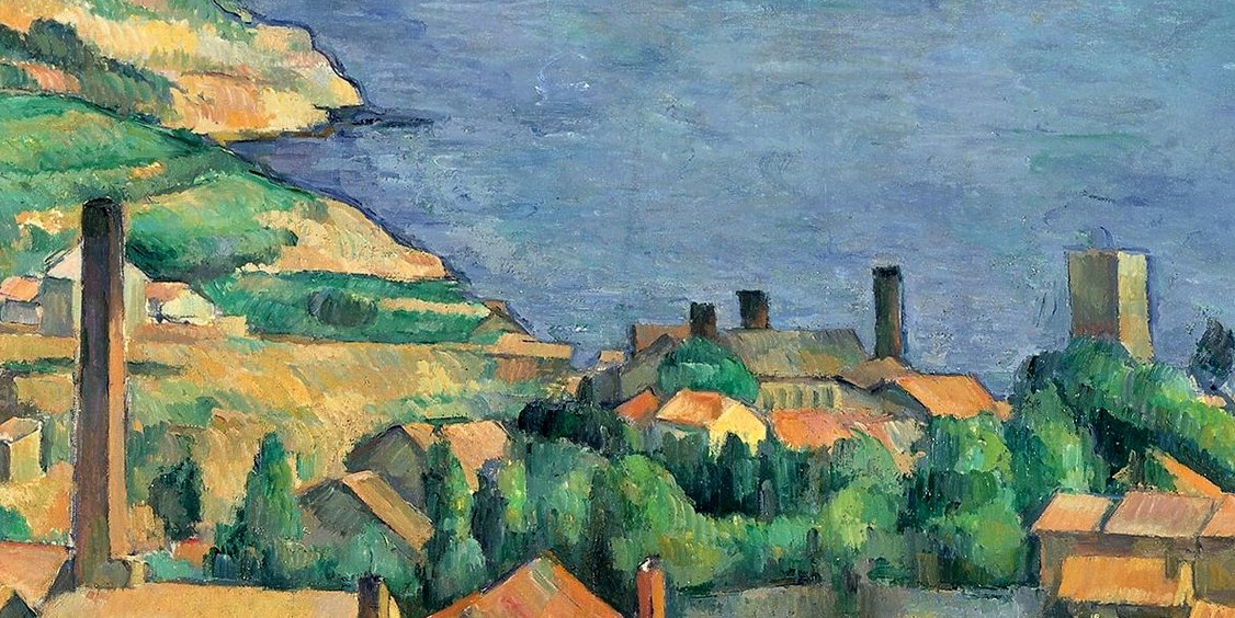 The rooftops are painted as interlocking flat planes of cadmium orange and russet , the most saturated passage in the painting, anchoring the warm-cool contrast that structures the whole composition