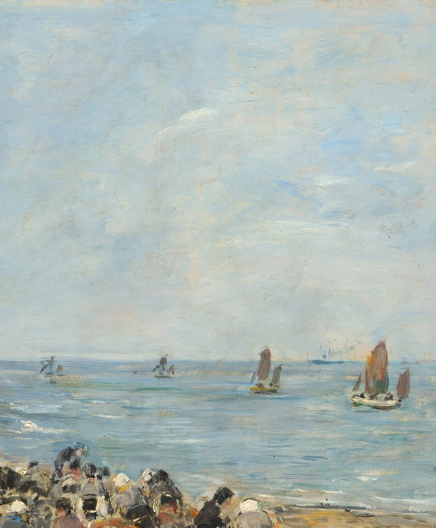 The iconic Étretat arch also painted by Monet and Courbet in the same decades; its geological mass dwarfs the human labor below and anchors the scene to a world-famous site.