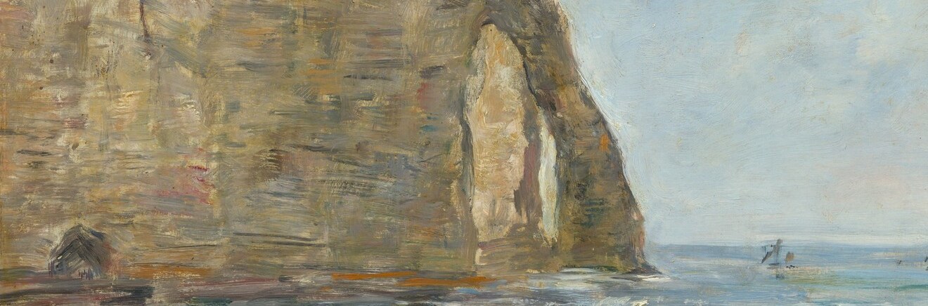 Rendered in rapid horizontal strokes that imply motion without detail; the cool tones bridge sky to shore and create the characteristic Channel coastal atmosphere Boudin made his signature.