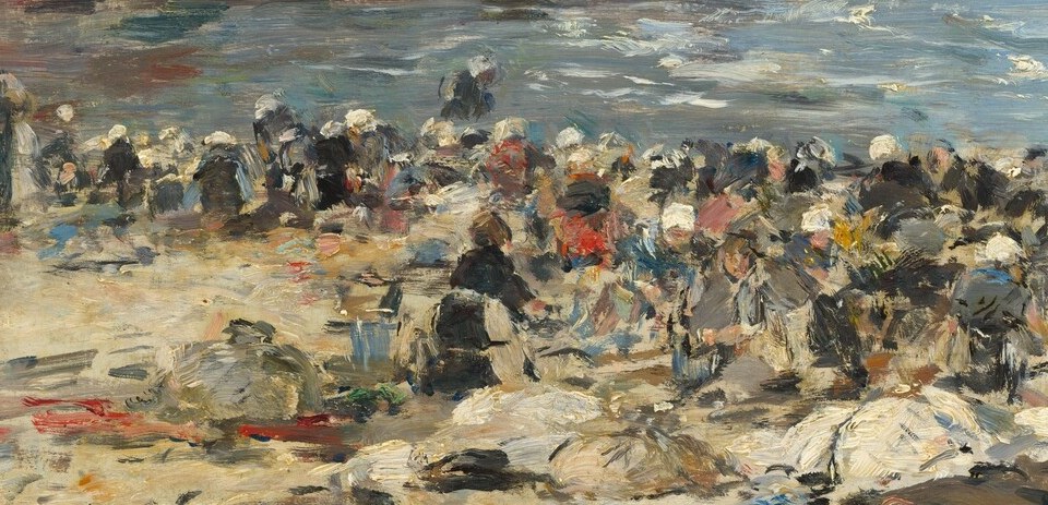 Vivid chromatic anchors against the muted beach palette; their brightness reveals Boudin's deliberate compositional color strategy and confirms the laundry is wet and heavy.