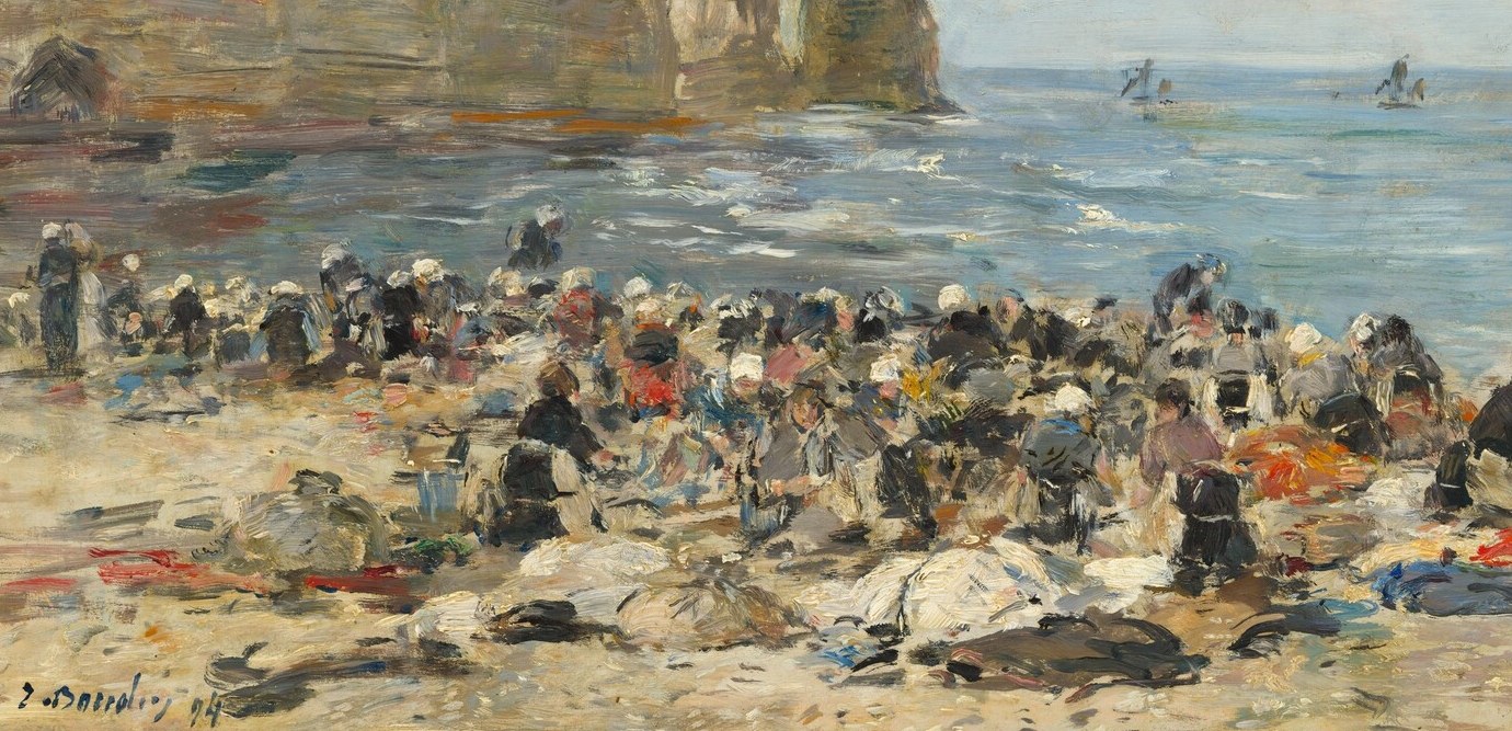 The social core of the painting , dozens of women engaged in communal outdoor laundering, a Norman practice now extinct; loose brushwork collapses individual identity into collective industry.