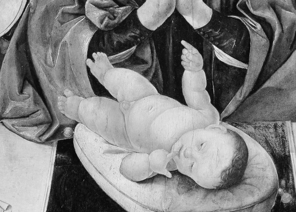 The unclothed, sleeping pose prefigures the Pietà , the child at peace is also the child at rest in death, a deliberate theological echo.