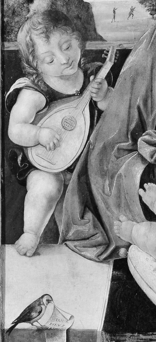 The music-making angel supplies the soundtrack of heavenly harmony; the instrument's soundhole and frets are worth isolating as a craft passage.