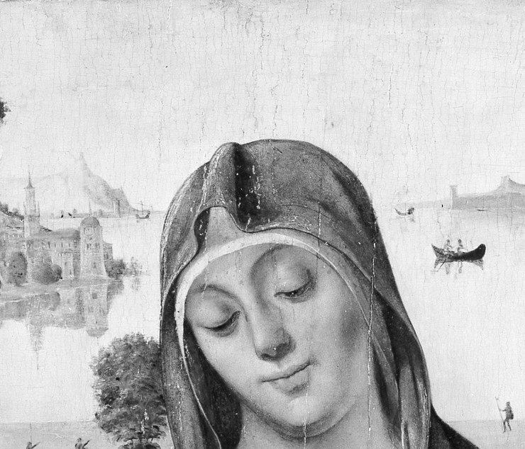 The slightly lowered gaze and serene expression are the devotional anchor of the entire composition , everything else orbits this face.