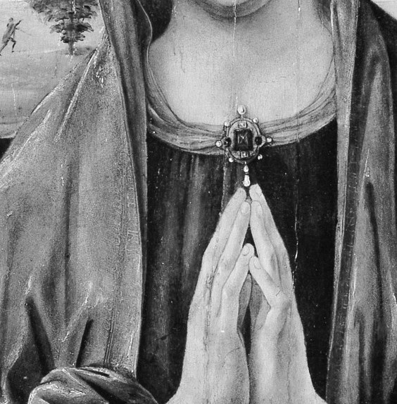Geometrically central in the panel; the interlaced fingers are a tour-de-force of early 16th-century hand rendering and the primary symbol of intercession.
