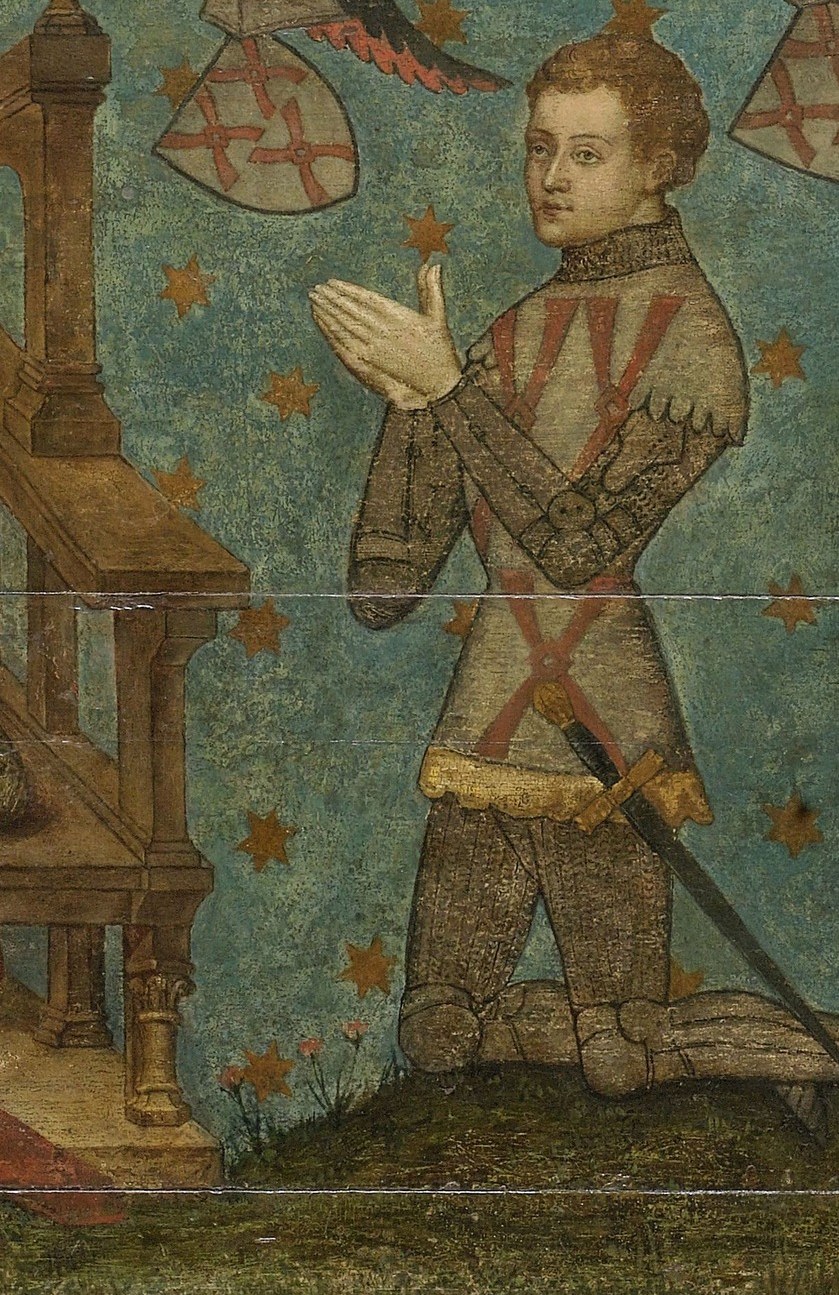 Four knights kneel, their hands clasped in prayer.