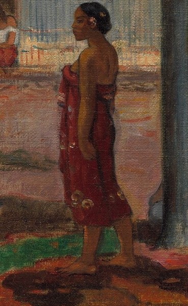 This woman, in a striking red dress, dominates the scene.