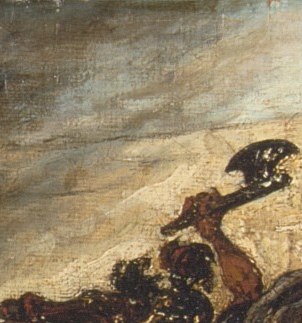 His raised arm signals triumph over a fallen city.